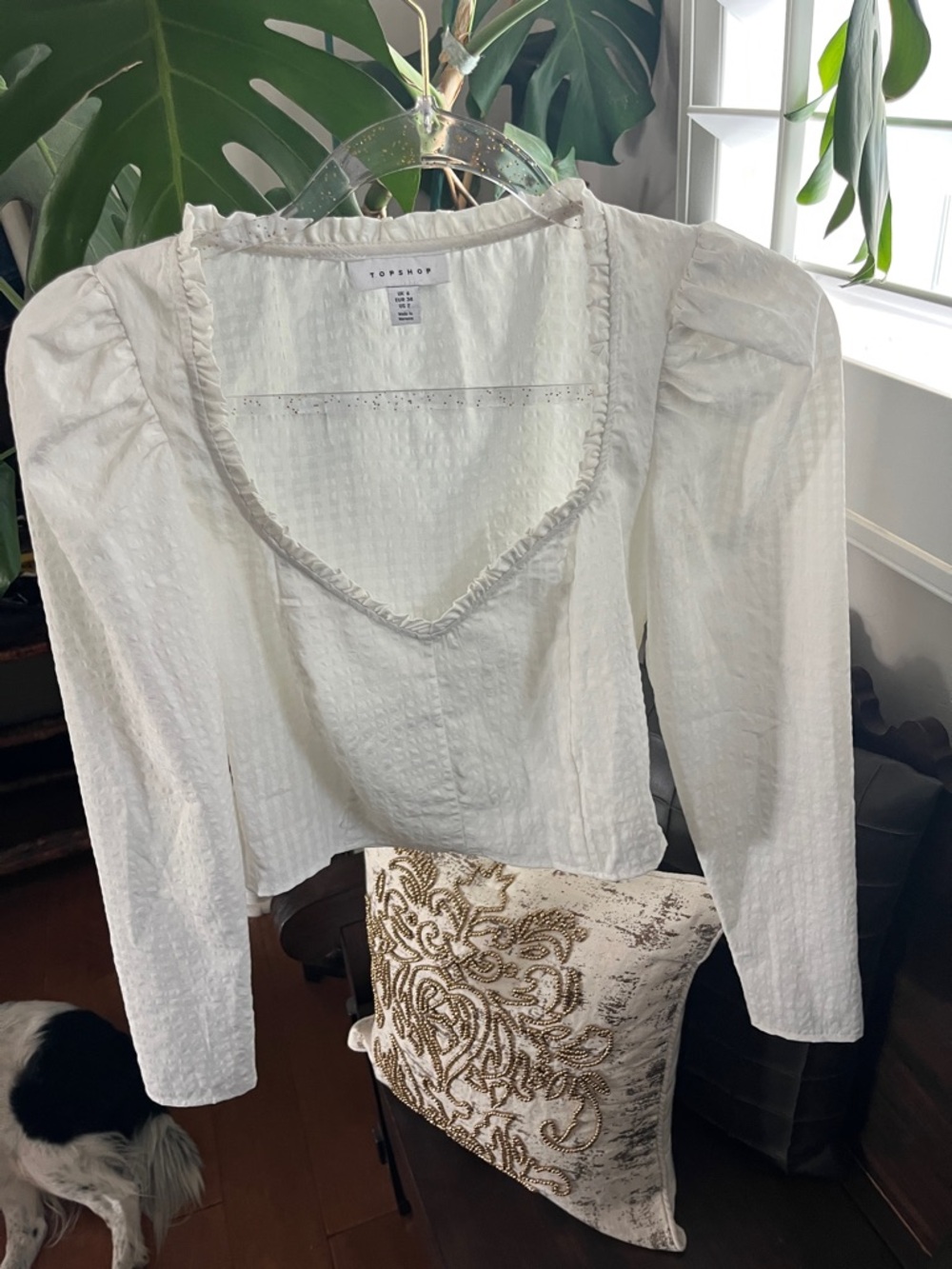 Topshop White Textured Square-Neck Puff-Sleeve Blouse
